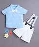 BUMZEE Cotton Knit Half Sleeves Leaves Printed Tee & Shorts Set With Suspender - Sky Blue & White