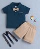 BUMZEE Cotton Knit Half Sleeves Bow Applique Detailed Tee & Shorts Set With Suspender - Teal & Beige