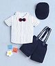 BUMZEE Cotton Knit Half Sleeves Striped Shirt & Shorts Set With Cap & Suspender - White & Navy