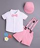 BUMZEE Cotton Half Sleeves Vertical Striped Shirt & Shorts With Suspender Bow & Cap Set - White & Pink