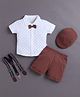 BUMZEE Cotton Half Sleeves Vertical Abstract Printed Shirt & Shorts With Suspender Bow & Cap Set  - White & Brown