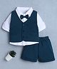 BUMZEE Cotton Knit Full Sleeves Solid 3 Piece Party Suit Set With Attached Bow   - Teal & White