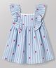 Babyhug 100% Cotton Knit Frill Sleeves Strawberry Printed & Striped Frock - Light Blue
