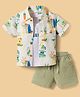 WOW Clothes Cotton Knit Half Sleeves Shirt & Shorts Set With Surfing Print & Inner Tee - Olive Green