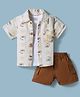 WOW Clothes Cotton Woven Half Sleeves Shirt & Shorts Set With Teddy Bear Print & Inner Tee - Brown