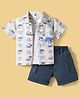 WOW Clothes Cotton Woven Half Sleeves Shirt & Shorts Set With Teddy Bear Print & Inner Tee - Navy Blue