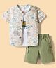 WOW Clothes Cotton Woven Half Sleeves Shirt & Shorts Set with Inner Tee & Jungle Theme Print - Olive Green
