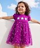 Babyhug Knitted Half Frill Sleeves Star Foil Printed Frock With Patch - Purple