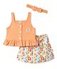 WOW Clothes Knitted Sleeveless Top & Floral Printed Shorts Set With Headband  - Peach