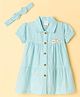 WOW Clothes 100% Cotton Woven Half Sleeves Checked Frock With Headband - Light Blue