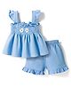 WOW Clothes Knitted Sleeveless Top & Shorts Set with Floral Applique & Smocking Detailing - Blue