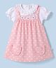 WOW Clothes Cotton Woven Frock & Half Sleeves Inner Tee with Polka Dot Print & Floral Applique - Pink