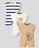 Bonfino 100% Cotton Knit Half Sleeves Striped Animal Printed & Embroidered Rompers Pack Of 3 - Beige Tan & Navy Blue