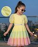 Hola Bonita Woven Half Puffed Sleeves Textured Tiered Frock with Belt - Yellow & Pink
