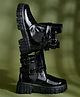 HVNLY by shoetopia Stone Embellished Solid Buckle Closure Combat Boots - Black