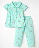 Teddy Sinker Knit Half Sleeves Top & Pyjama Co-ord Night Suit With Unicorn & Rainbow Print - Sea Green