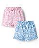 Teddy Sinker Knit Knee Length Floral Printed Shorts With Bow Applique Pack Of 2 - Blue & Pink