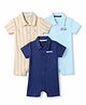 Bonfino 100% Cotton Knit Knee Length Rompers with Half Sleeves and Stripes with Text Print Pack of 3 - Navy Blue Khaki Light Blue