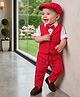 Robo Fry Cotton Woven Full Sleeves Striped 3 Piece Party Suit with Bow & Cap - Red