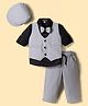 Robo Fry Cotton Woven Full Sleeves Striped Party 3 Piece Party Suit with Bow & Hat - Grey