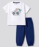 Bonfino 100% Cotton Knit Half Sleeves Animal & Vehicles Printed & Door Applique T-Shirt & Joggers Set - White & Navy Blue