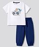 Bonfino 100% Cotton Knit Half Sleeves Animal & Vehicles Printed & Door Applique T-Shirt & Joggers Set - White & Navy Blue