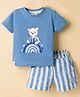 Ollypop Sinker Knit Half Sleeves T-Shirt & Striped Shorts Set with Bear Print - Blue