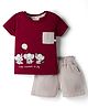 Ollypop Sinker Knit Half Sleeves T-Shirt & Checkered Shorts with Elephant Embroidery - Dark Red