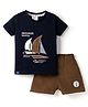 Ollypop Sinker Knit Half Sleeves Nautical Theme Printed & Embroidered T-Shirt & Shorts Set With Patch - Navy Blue