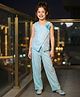 Hola Bonita Knit Sleeveless Overlapping Glittered Top & Pant Set with Floral Applique - Light Blue