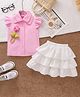 Mark & Mia Cotton Frill Sleeves Top & Skirt Set with Floral Applique - Pink & White