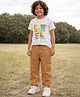 Somersault Cotton Knit Half Sleeves Animals Printed Tee & Cargo Pants Set - White & Beige