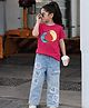 Somersault Cotton Knit Half Sleeves Vase Printed Tee & Jeans Set - Dark Pink & Blue