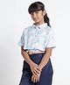 Under Fourteen Only Half Drop Shoulder Sleeves Butterflies Printed Elastic Bottom Shirt Style Top - Blue