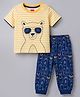 Babyhug Cotton Knit Half Sleeves Striped & Bear Printed T-Shirt & Pyjama Night Suit With Patch - Orange & Navy Blue
