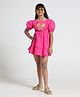 Under Fourteen Only Half Puffed Sleeves Floral Embroidered Dress - Pink