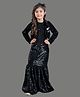 Titrit Velvet Woven Sequins Embellished Gown With Full Sleeves Floral Applique Detailed Shrug - Black