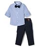 Mark & Mia Cotton Woven Full Sleeves Striped Party Shirt & Trouser Set with Bow & Suspender - Navy Blue