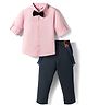Mark & Mia Cotton Woven Full Sleeves Solid Party Wear Shirt & Pant Set With Susupender & Bow - Pink & Navy Blue