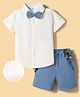Mark & Mia Cotton Woven Half Sleeves Solid Shirt & Shorts With Bow & Suspender - Multicolor