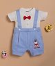 Wonderchild Half Sleeves Teddy Bear Embroidered Romper With Attached Bow Applique Detailed Shirt - White & Blue
