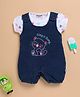 Wonderchild Kitten Embroidered Dungaree With Half Puffed Sleeves Hearts Printed Tee - White & Indigo