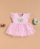 Wonderchild Cap Sleeves Hearts Foil Printed Teddy Bear & Floral Embroidered Knee Length Dress - Pink