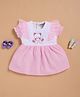 Wonderchild Half Puffed Sleeves Frill Detailed Teddy Bear Embroidered Knee Length Dress - White & Pink