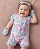 Doodle Poodle 100% Cotton Interlock Knit Half Sleeves Floral Printed Romper With Hairband & Mittens - Bright White
