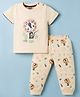 Mini Taurus Sinker Knit Half Sleeves T-Shirt & Lounge Pant Set with Jungle Theme Print - Cream