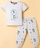 Mini Taurus Sinker Knit Half Sleeves T-Shirt & Lounge Pant Set with Jungle Theme Print - Off White