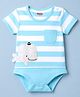 Babyhug 100% Cotton Interlock Knit Half Sleeves Striped Onesie With Whale Applique - Light Blue