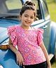 Pine Kids Cotton Knit Flutter Sleeves Floral Printed Top - Pink