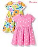 Honeyhap Premium 100% Cotton Knit With Bio Finish Half Sleeves Frocks With Floral & Polka Dot Print Pack of 2 - Sachet Pink & Bright White